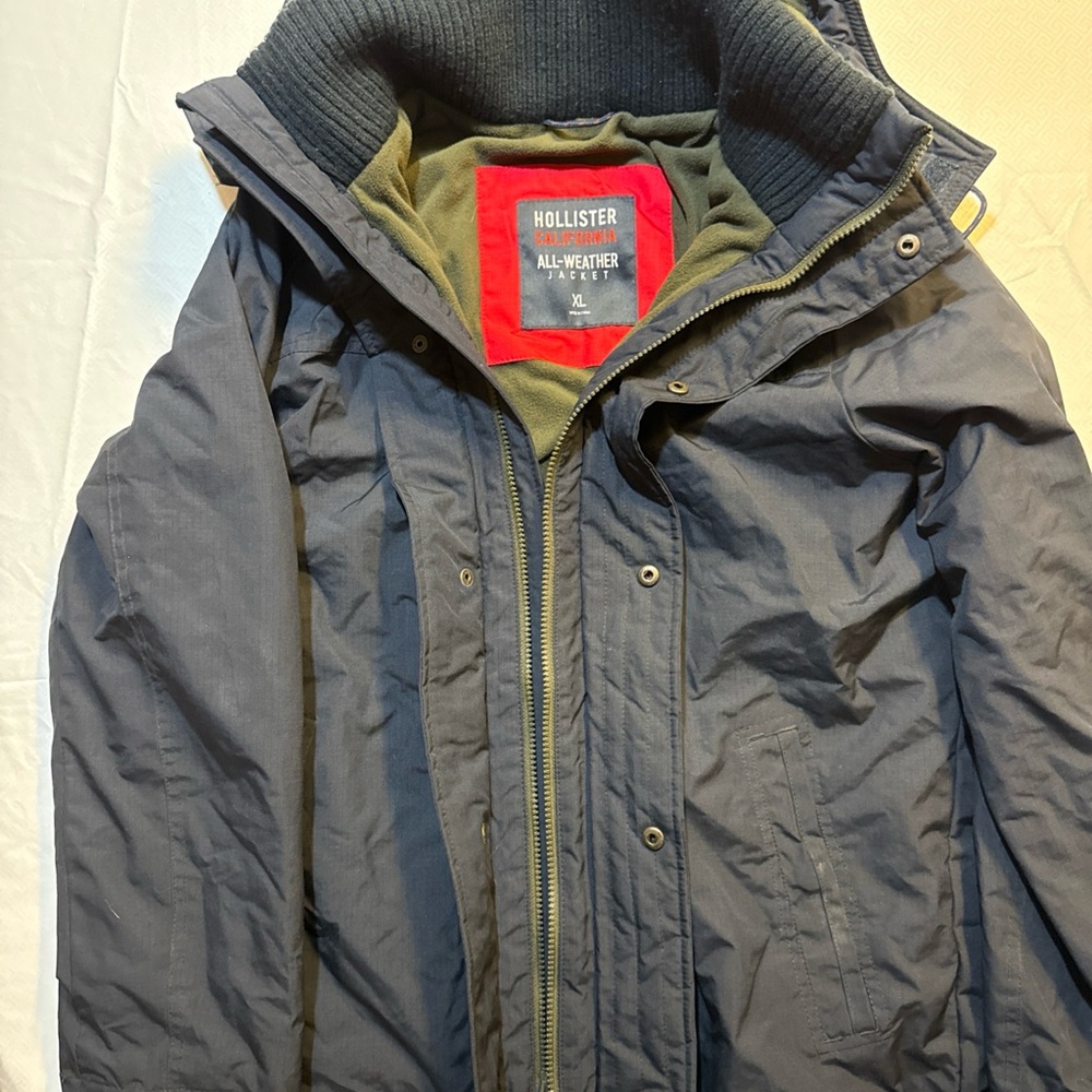 Hollister ALL WEATHER Navy Performance Jacket KNIT COLLAR AND CUFFS FLEECE LINED